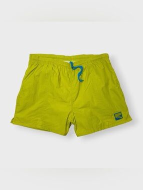 Vintage 90s Cheetah Nylon Lime Green Swim Trunks, Mesh Lined Shorts, Pockets L
